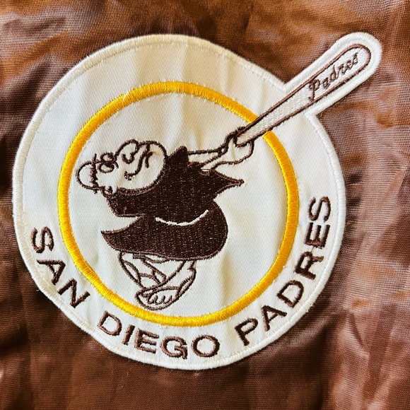 San Diego Padres Vintage Brown Satin Varsity Baseball Bomber Jacket Reversible - Picture 6 of 14